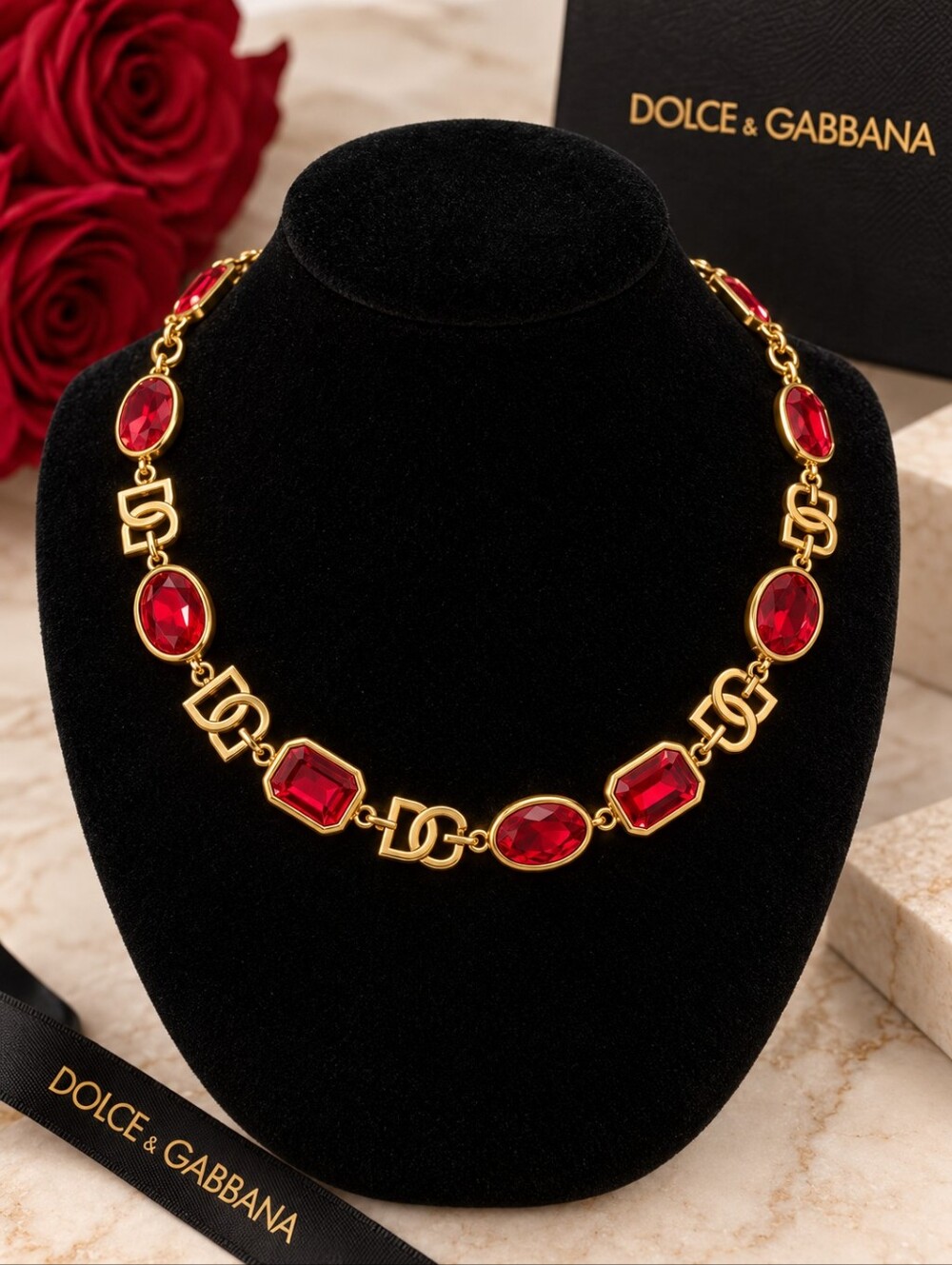 D&G 18kgp Gold Chain Necklace with Red Gemstone Accents